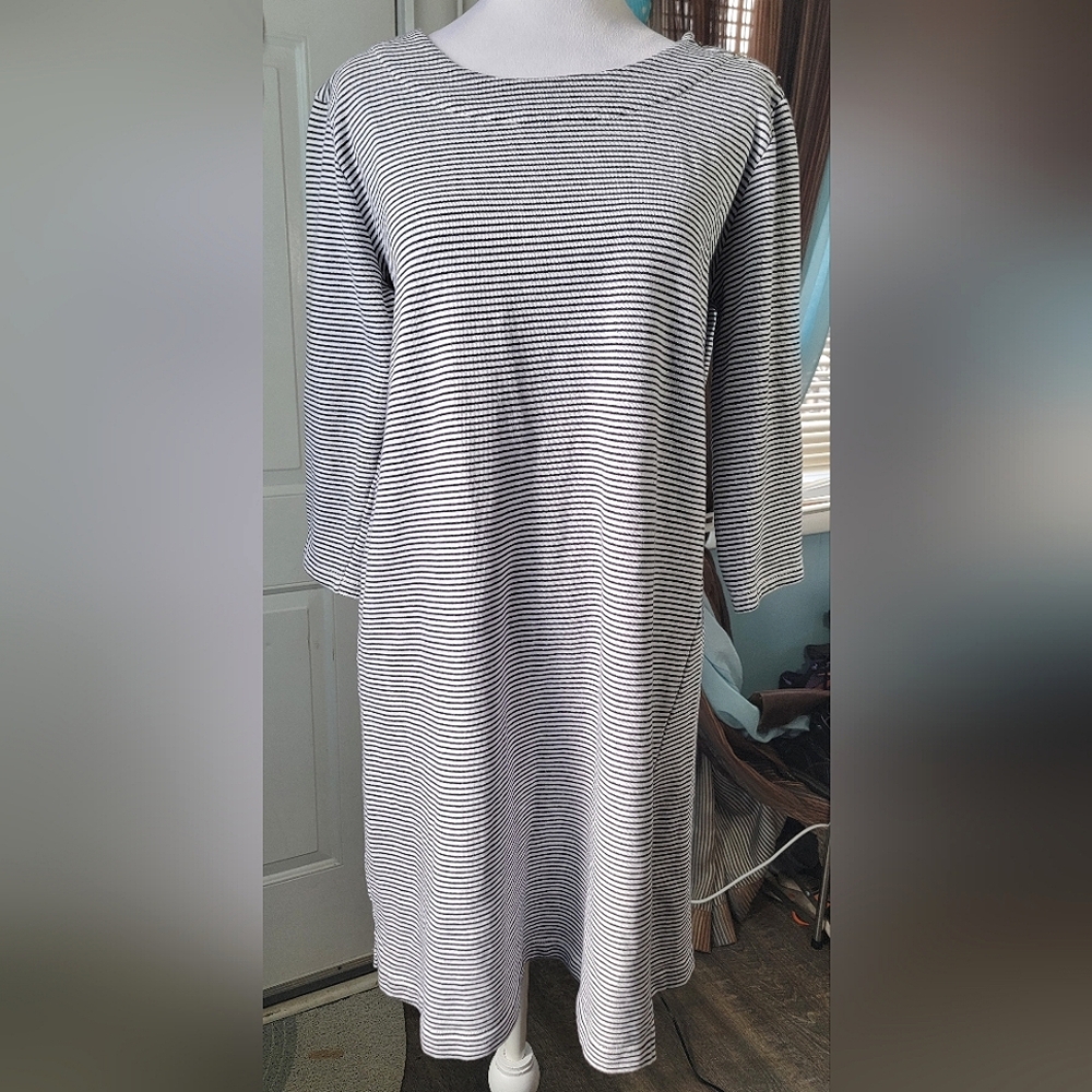 Mo:vint Anthropologie Mini Sweater Dress Women's L Navy White Pin Stripe Cotton